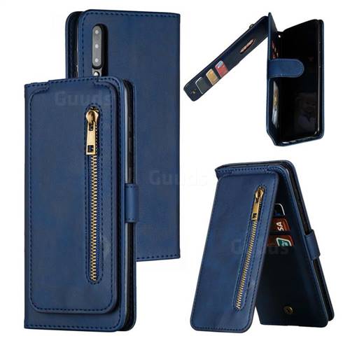 Multifunction 9 Cards Leather Zipper Wallet Phone Case for Samsung Galaxy A50 - Blue
