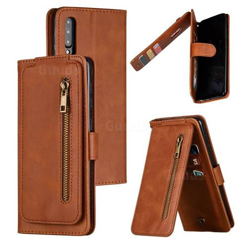 Multifunction 9 Cards Leather Zipper Wallet Phone Case for Samsung Galaxy A50 - Brown