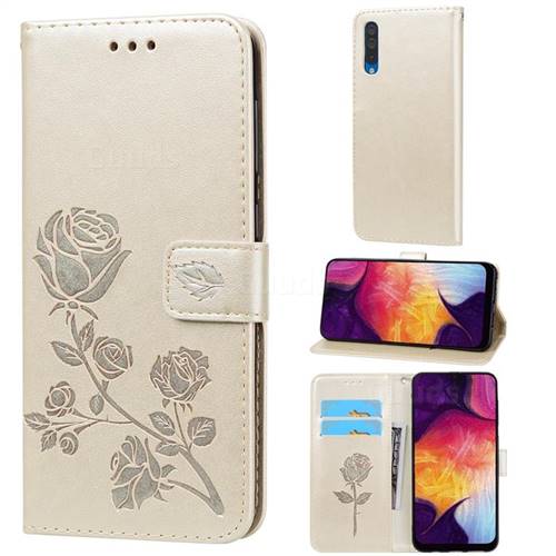 Embossing Rose Flower Leather Wallet Case for Samsung Galaxy A50 - Golden