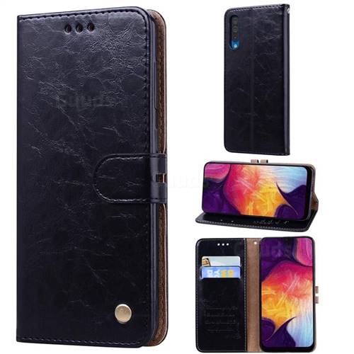 Luxury Retro Oil Wax PU Leather Wallet Phone Case for Samsung Galaxy A50 - Deep Black