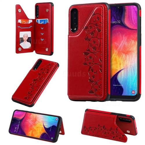 Yikatu Luxury Cute Cats Multifunction Magnetic Card Slots Stand Leather Back Cover for Samsung Galaxy A50 - Red