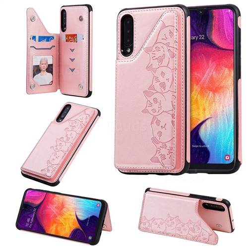 Yikatu Luxury Cute Cats Multifunction Magnetic Card Slots Stand Leather Back Cover for Samsung Galaxy A50 - Rose Gold