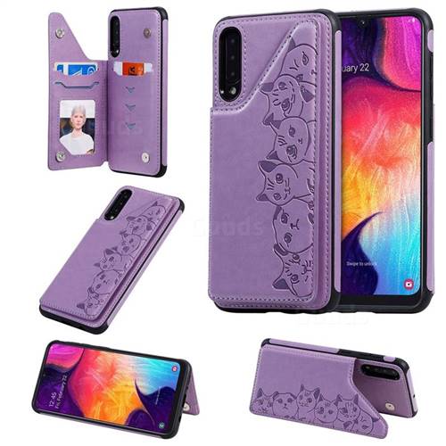 Yikatu Luxury Cute Cats Multifunction Magnetic Card Slots Stand Leather Back Cover for Samsung Galaxy A50 - Purple
