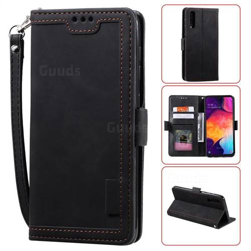 Luxury Retro Stitching Leather Wallet Phone Case for Samsung Galaxy A50 - Black