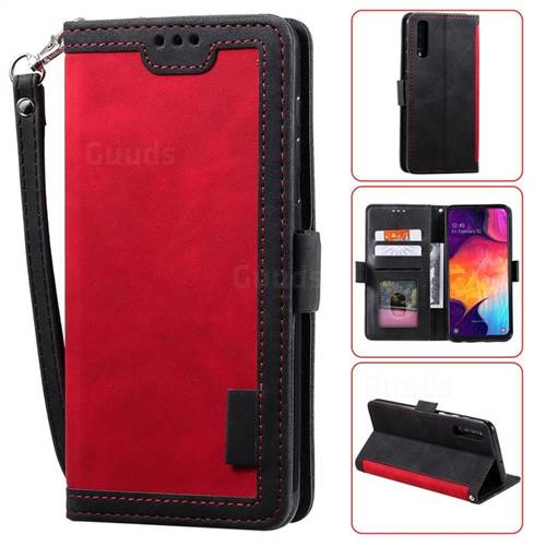 Luxury Retro Stitching Leather Wallet Phone Case for Samsung Galaxy A50 - Deep Red