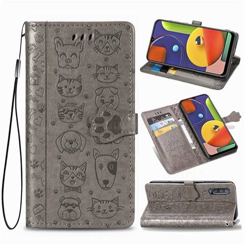 Embossing Dog Paw Kitten and Puppy Leather Wallet Case for Samsung Galaxy A50 - Gray