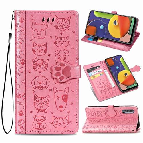 Embossing Dog Paw Kitten and Puppy Leather Wallet Case for Samsung Galaxy A50 - Pink