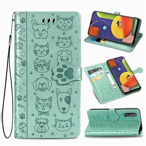 Embossing Dog Paw Kitten and Puppy Leather Wallet Case for Samsung Galaxy A50 - Green