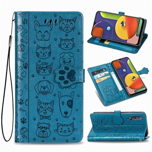 Embossing Dog Paw Kitten and Puppy Leather Wallet Case for Samsung Galaxy A50 - Blue