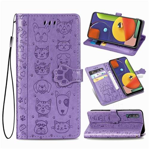 Embossing Dog Paw Kitten and Puppy Leather Wallet Case for Samsung Galaxy A50 - Purple