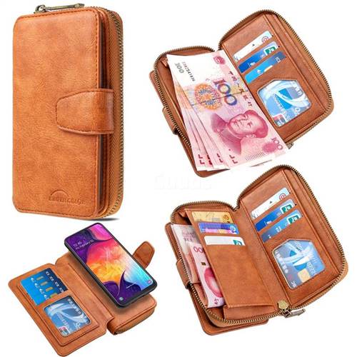 Binfen Color Retro Buckle Zipper Multifunction Leather Phone Wallet for Samsung Galaxy A50 - Brown