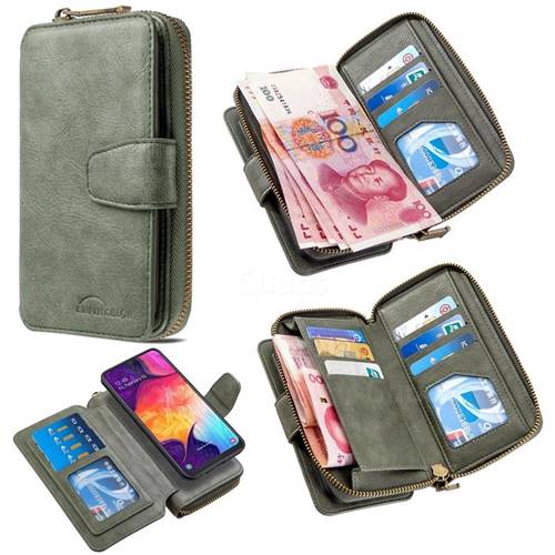 Binfen Color Retro Buckle Zipper Multifunction Leather Phone Wallet for Samsung Galaxy A50 - Celadon