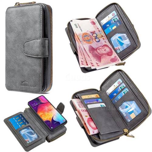 Binfen Color Retro Buckle Zipper Multifunction Leather Phone Wallet for Samsung Galaxy A50 - Gray