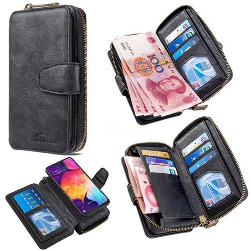 Binfen Color Retro Buckle Zipper Multifunction Leather Phone Wallet for Samsung Galaxy A50 - Black