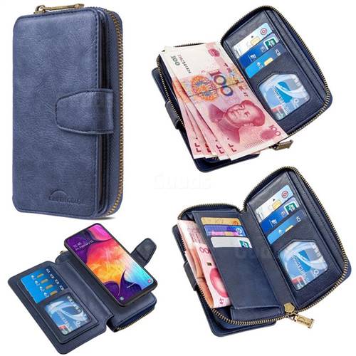 Binfen Color Retro Buckle Zipper Multifunction Leather Phone Wallet for Samsung Galaxy A50 - Blue
