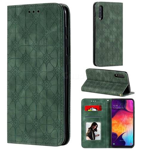 Intricate Embossing Four Leaf Clover Leather Wallet Case for Samsung Galaxy A50 - Blackish Green