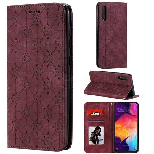 Intricate Embossing Four Leaf Clover Leather Wallet Case for Samsung Galaxy A50 - Claret