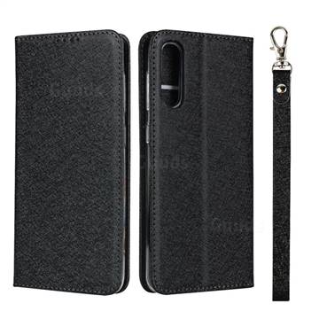 Ultra Slim Magnetic Automatic Suction Silk Lanyard Leather Flip Cover for Samsung Galaxy A50 - Black