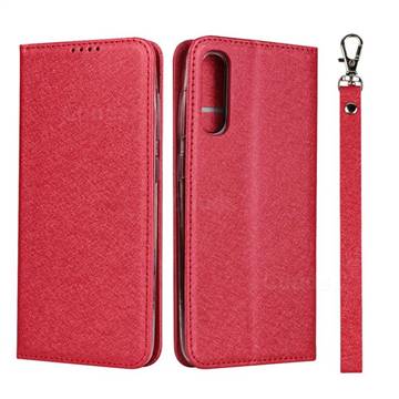 Ultra Slim Magnetic Automatic Suction Silk Lanyard Leather Flip Cover for Samsung Galaxy A50 - Red