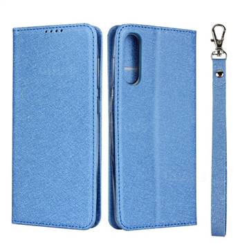 Ultra Slim Magnetic Automatic Suction Silk Lanyard Leather Flip Cover for Samsung Galaxy A50 - Sky Blue