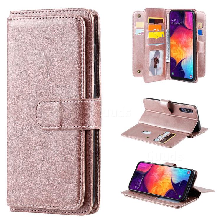 Multi-function Ten Card Slots and Photo Frame PU Leather Wallet Phone Case Cover for Samsung Galaxy A50 - Rose Gold
