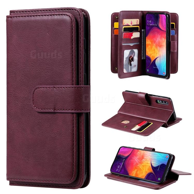 Multi-function Ten Card Slots and Photo Frame PU Leather Wallet Phone Case Cover for Samsung Galaxy A50 - Claret