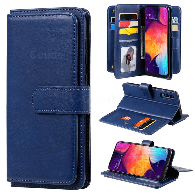 Multi-function Ten Card Slots and Photo Frame PU Leather Wallet Phone Case Cover for Samsung Galaxy A50 - Dark Blue