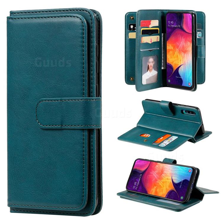 Multi-function Ten Card Slots and Photo Frame PU Leather Wallet Phone Case Cover for Samsung Galaxy A50 - Dark Green