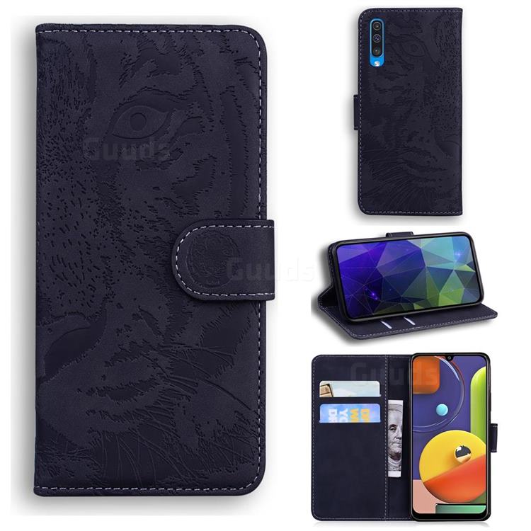 Intricate Embossing Tiger Face Leather Wallet Case for Samsung Galaxy A50 - Black