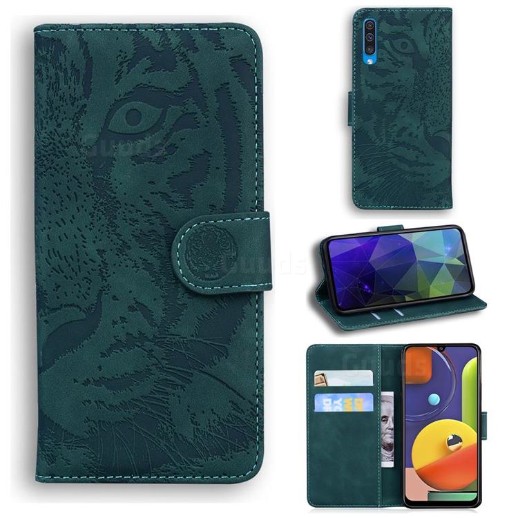 Intricate Embossing Tiger Face Leather Wallet Case for Samsung Galaxy A50 - Green
