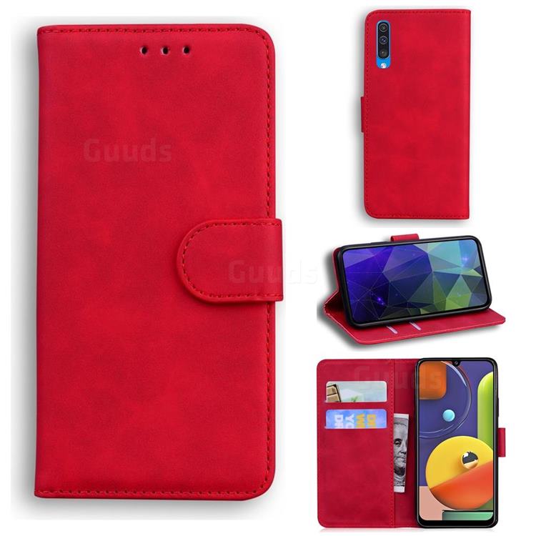 Retro Classic Skin Feel Leather Wallet Phone Case for Samsung Galaxy A50 - Red