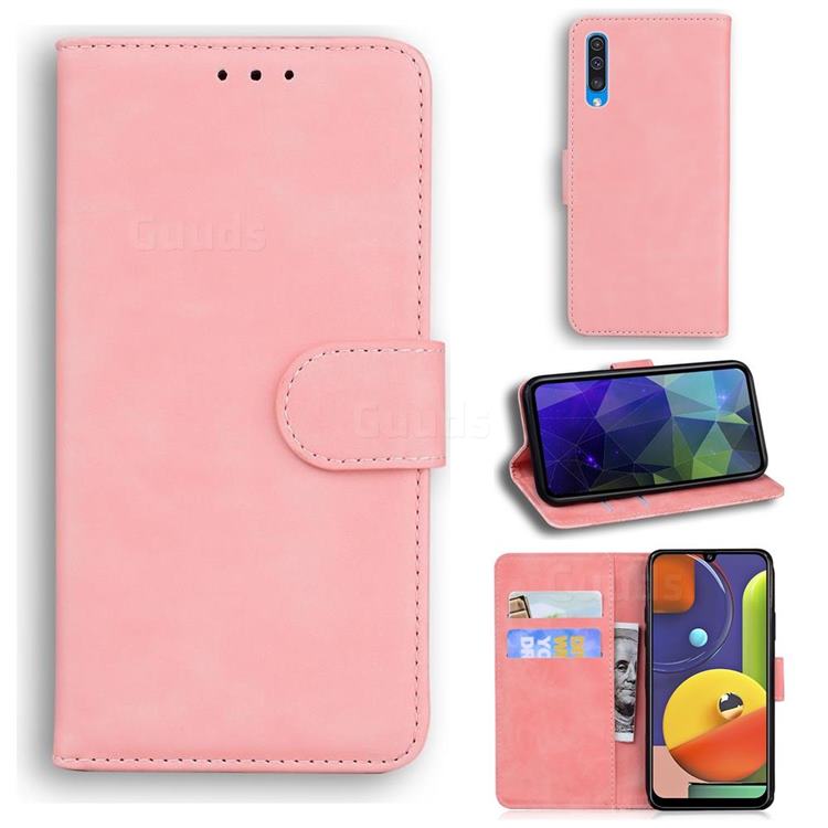 Retro Classic Skin Feel Leather Wallet Phone Case for Samsung Galaxy A50 - Pink