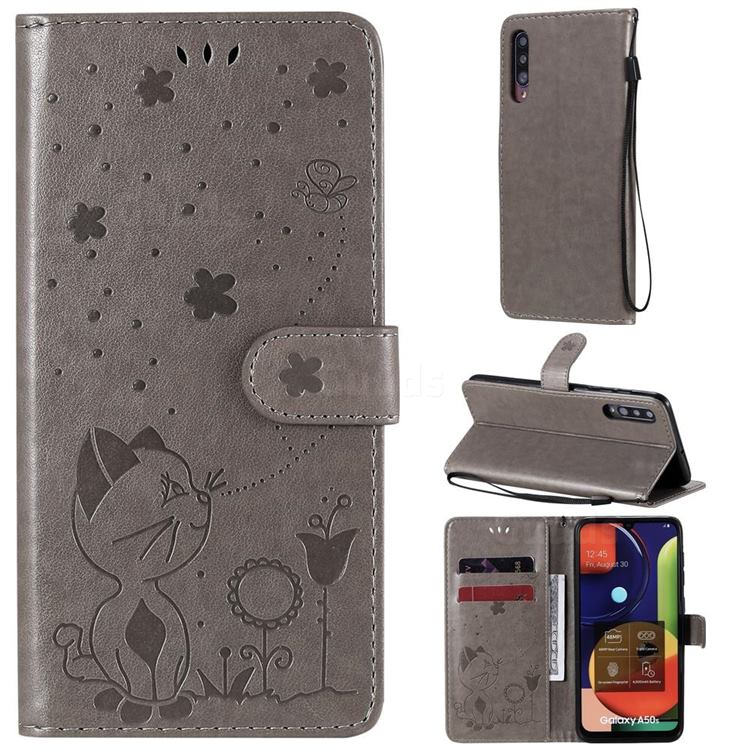 Embossing Bee and Cat Leather Wallet Case for Samsung Galaxy A50 - Gray