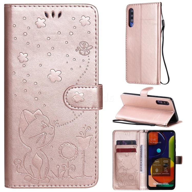 Embossing Bee and Cat Leather Wallet Case for Samsung Galaxy A50 - Rose Gold