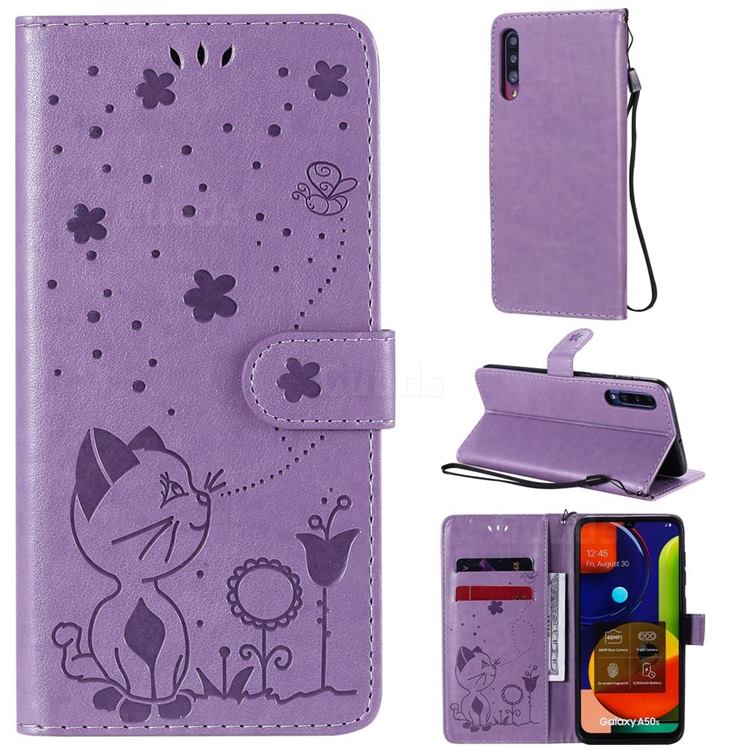 Embossing Bee and Cat Leather Wallet Case for Samsung Galaxy A50 - Purple