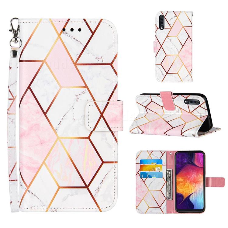 Pink White Stitching Color Marble Leather Wallet Case for Samsung Galaxy A50