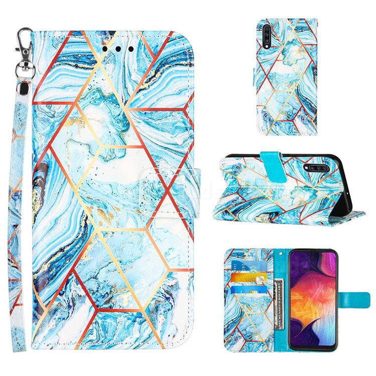 Lake Blue Stitching Color Marble Leather Wallet Case for Samsung Galaxy A50
