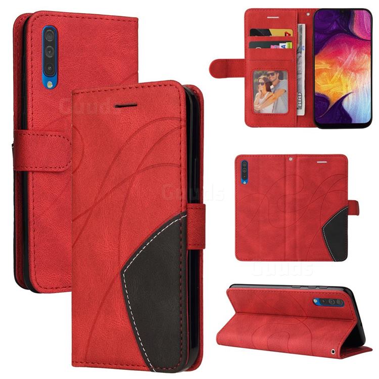 Luxury Two-color Stitching Leather Wallet Case Cover for Samsung Galaxy A50 - Red