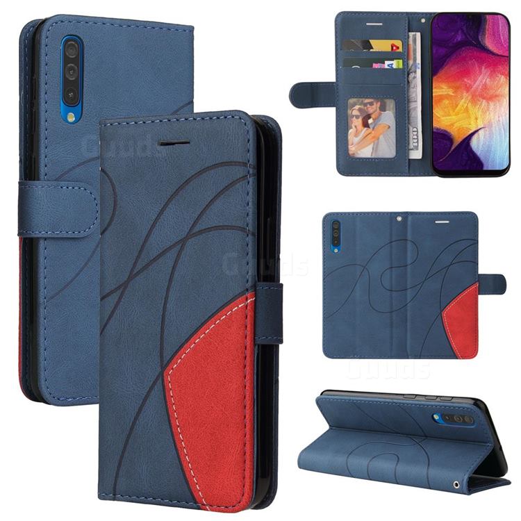 Luxury Two-color Stitching Leather Wallet Case Cover for Samsung Galaxy A50 - Blue