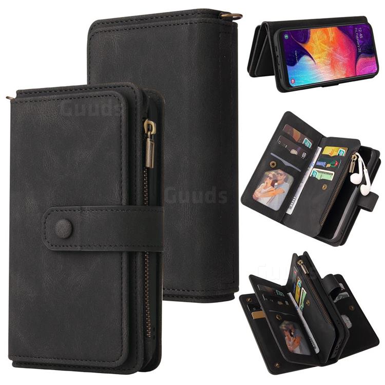 Luxury Multi-functional Zipper Wallet Leather Phone Case Cover for Samsung Galaxy A50 - Black