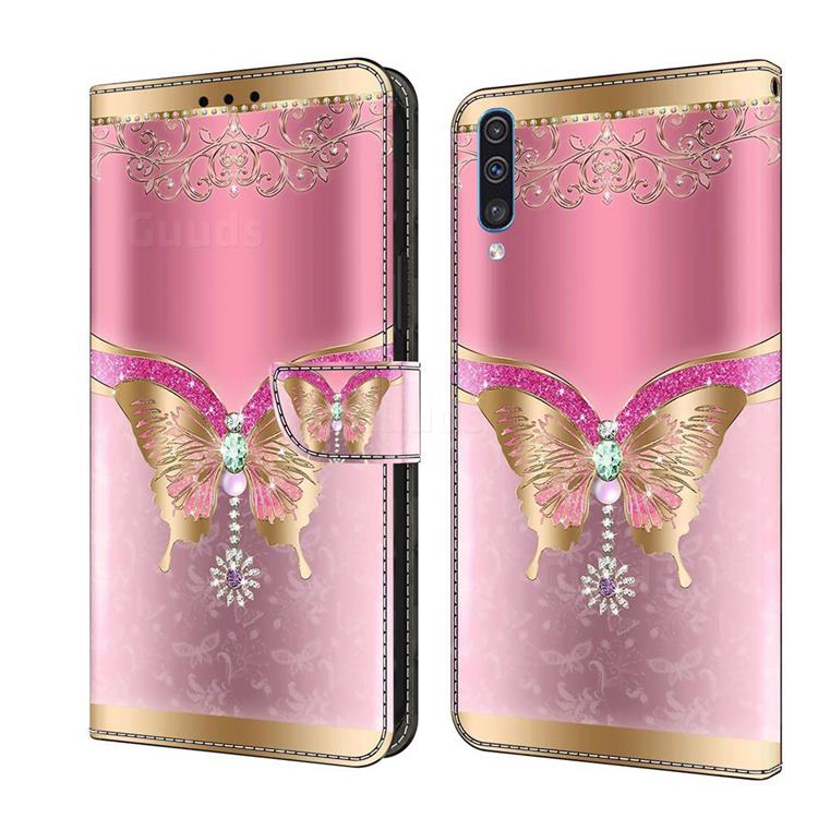 Pink Diamond Butterfly Crystal PU Leather Protective Wallet Case Cover for Samsung Galaxy A50