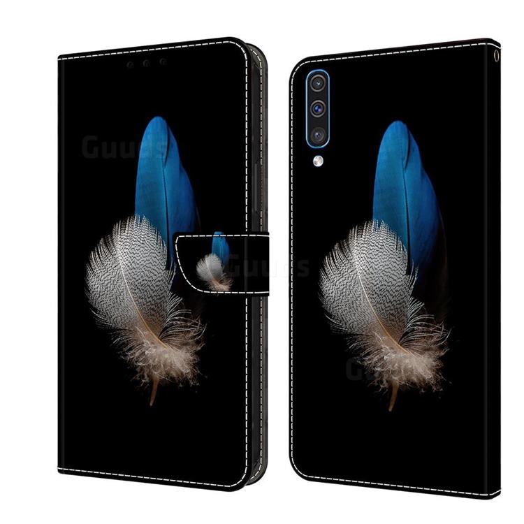 White Blue Feathers Crystal PU Leather Protective Wallet Case Cover for Samsung Galaxy A50