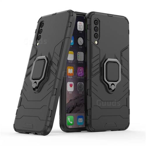 Black Panther Armor Metal Ring Grip Shockproof Dual Layer Rugged Hard Cover for Samsung Galaxy A50s - Black