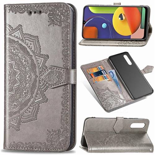 Embossing Imprint Mandala Flower Leather Wallet Case for Samsung Galaxy A50s - Gray