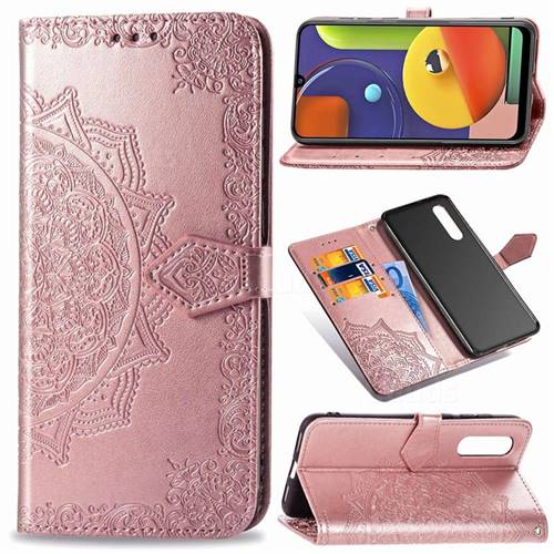 Embossing Imprint Mandala Flower Leather Wallet Case for Samsung Galaxy A50s - Rose Gold