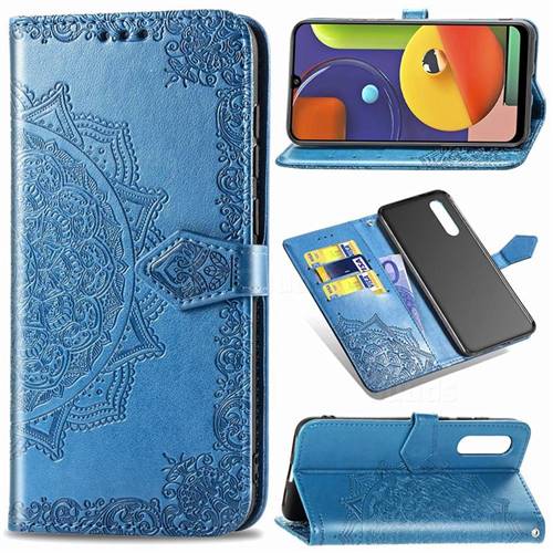 Embossing Imprint Mandala Flower Leather Wallet Case for Samsung Galaxy A50s - Blue