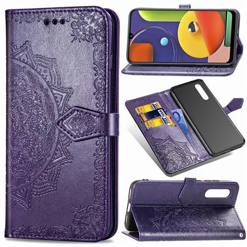 Embossing Imprint Mandala Flower Leather Wallet Case for Samsung Galaxy A50s - Purple