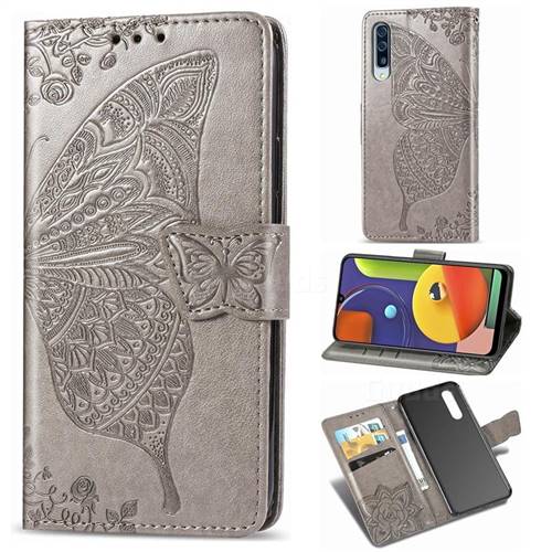 Embossing Mandala Flower Butterfly Leather Wallet Case for Samsung Galaxy A50s - Gray