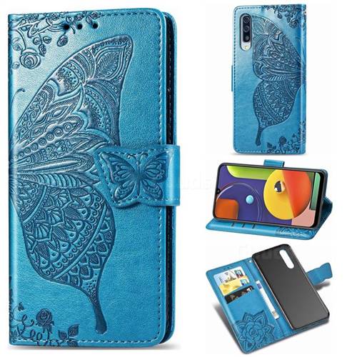 Embossing Mandala Flower Butterfly Leather Wallet Case for Samsung Galaxy A50s - Blue