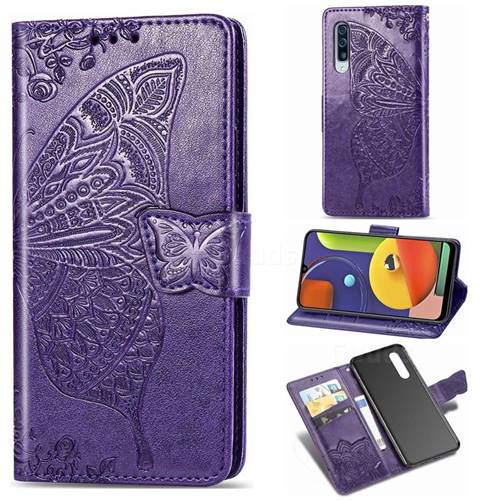 Embossing Mandala Flower Butterfly Leather Wallet Case for Samsung Galaxy A50s - Dark Purple